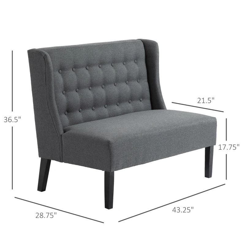 HOMCOM Wingback Double Sofa Linen Fabric Upholstery Button Tufted Loveseat Armless Couch Modern Contemporary Living Room Settee with Wood Legs, Gray