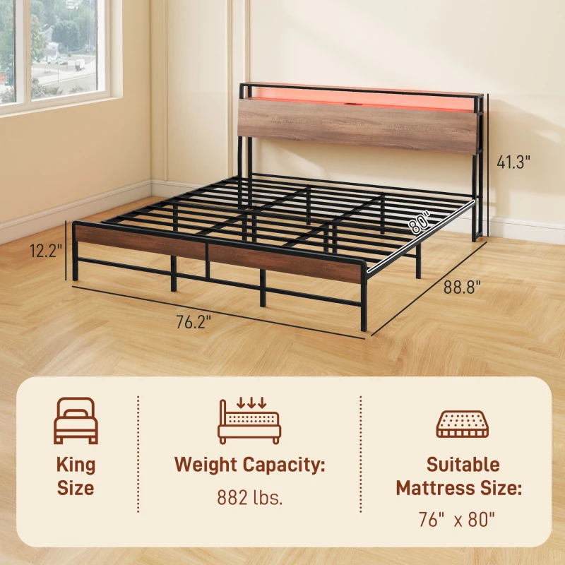 HOMCOM King Size Bed Frame with LED Lights and Charging Station, King Bed Frame with Storage Headboard, Noise-Free, Walnut