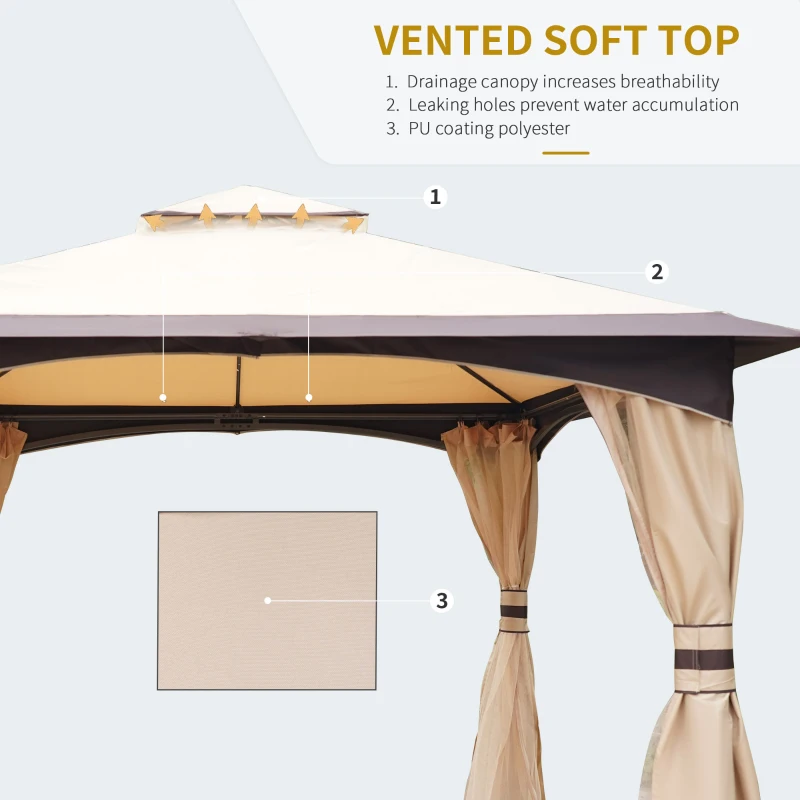 Outsunny 10' x 12' Outdoor Gazebo with Netting and Curtains, Patio Gazebo Canopy with 2-Tier Soft Top Roof and Steel Frame for Lawn, Garden, Backyard and Deck