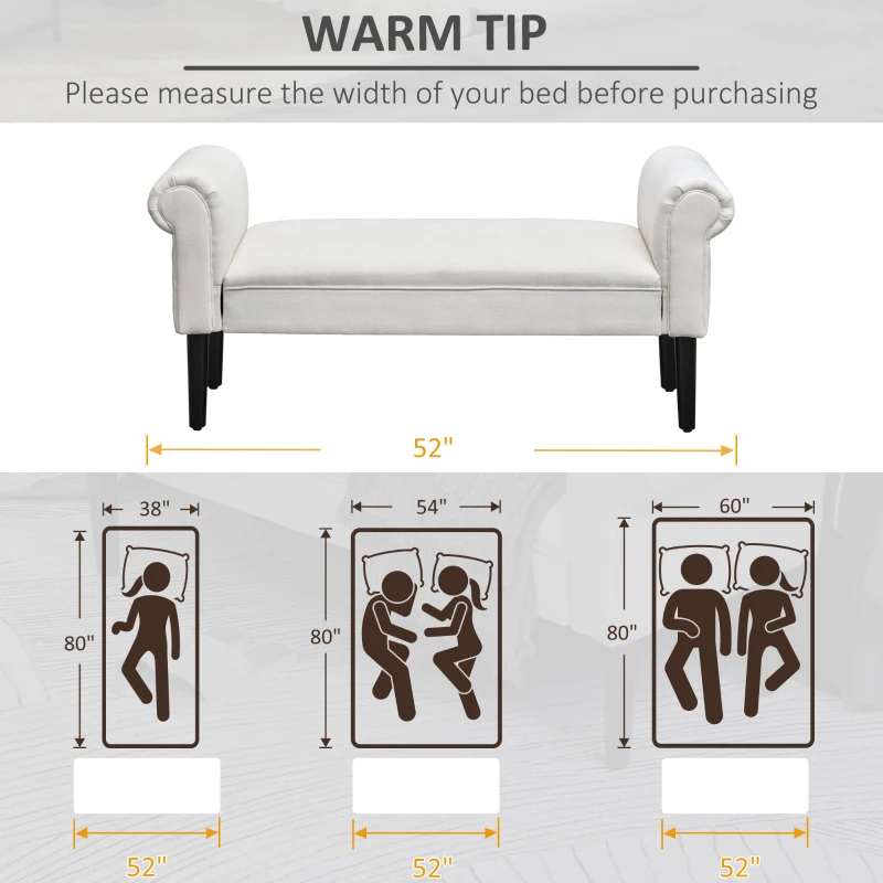 HOMCOM 52" End of Bed Bench, Linen Upholstered Ottoman Bench, Bedroom Entryway Bench With Armrests, Cream White