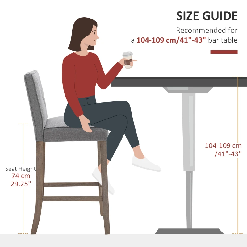 HOMCOM Modern Bar Stools Set of 2, Upholstered Barstools Kitchen Island Chair with Build-In Footrest, Solid Wood Legs, Gray