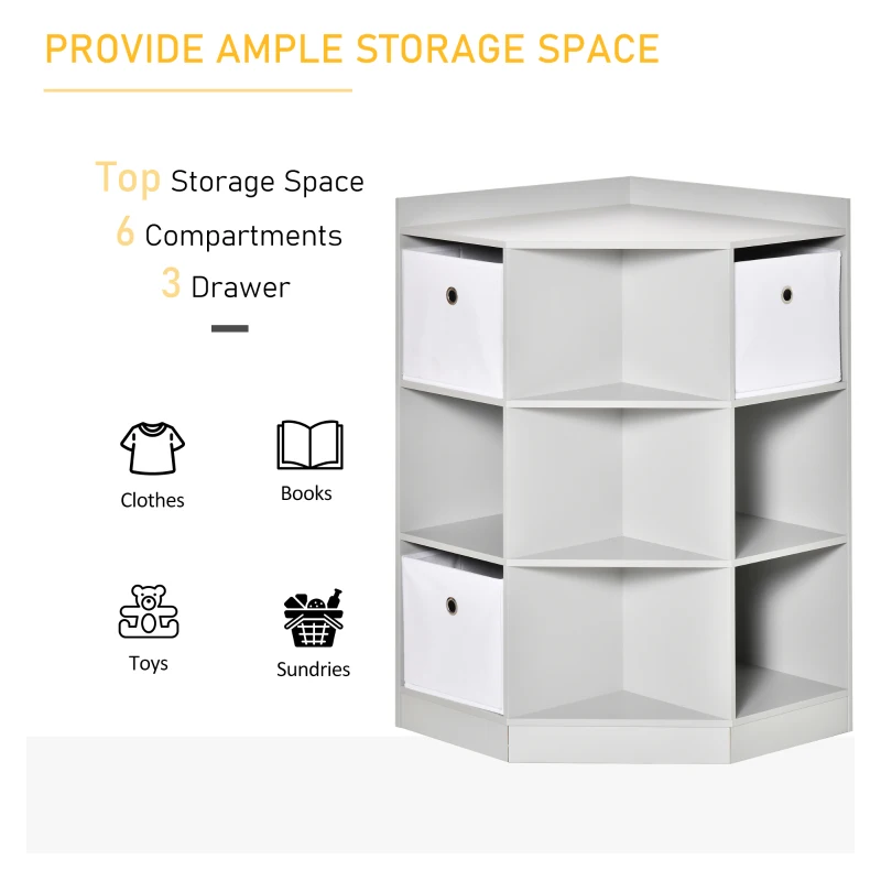 HOMCOM Kids Corner Cabinet, Cubby Toy Storage Organizer, Bookshelf Unit with Three Baskets for Playroom, Bedroom, Living Room, Gray