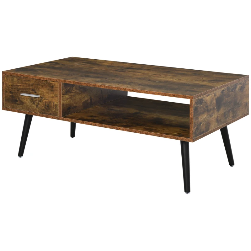 HOMCOM 43" Mid-Century Modern Coffee Table with Drawer and Shelf, Cocktail Center Table for Living Room, Rustic Brown