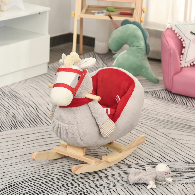 Qaba Kids Ride-On Rocking Horse Toy, Rocker with Lullaby Song, Hand Puppets & Soft Plush Fabric for Children 18-36 Months, Gray