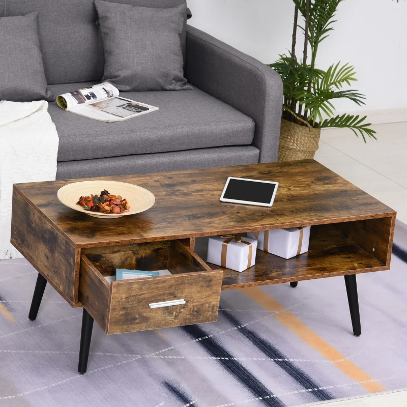 HOMCOM 43" Mid-Century Modern Coffee Table with Drawer and Shelf, Cocktail Center Table for Living Room, Rustic Brown