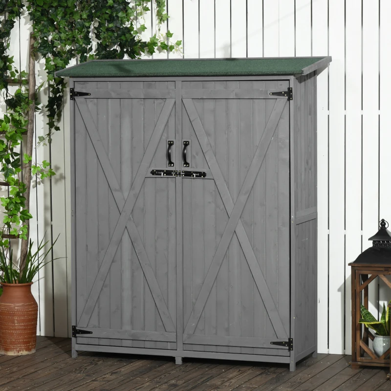 Outsunny Outdoor Storage Cabinet Wooden Garden Shed Utility Tool Organizer with Waterproof Asphalt Rood, Lockable Doors, 3 Tier Shelves for Lawn, Backyard, Gray
