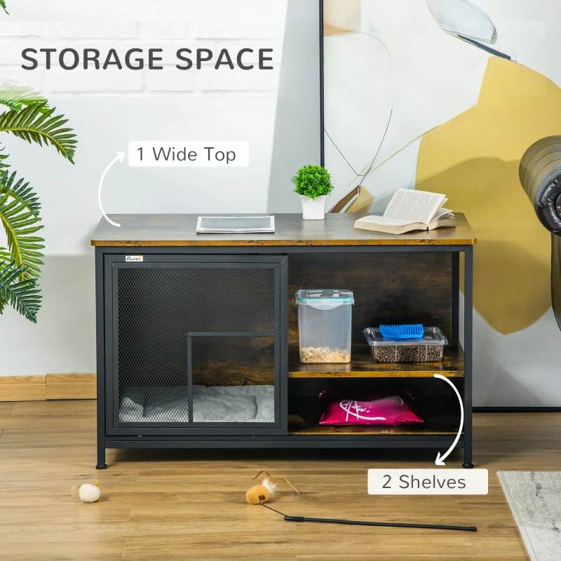 PawHut Wooden Cat Crate, Furniture Style Dog Cage, Puppy Kennel Indoor, End Table Pet House with Cushion and Sliding Doors, Rustic Brown