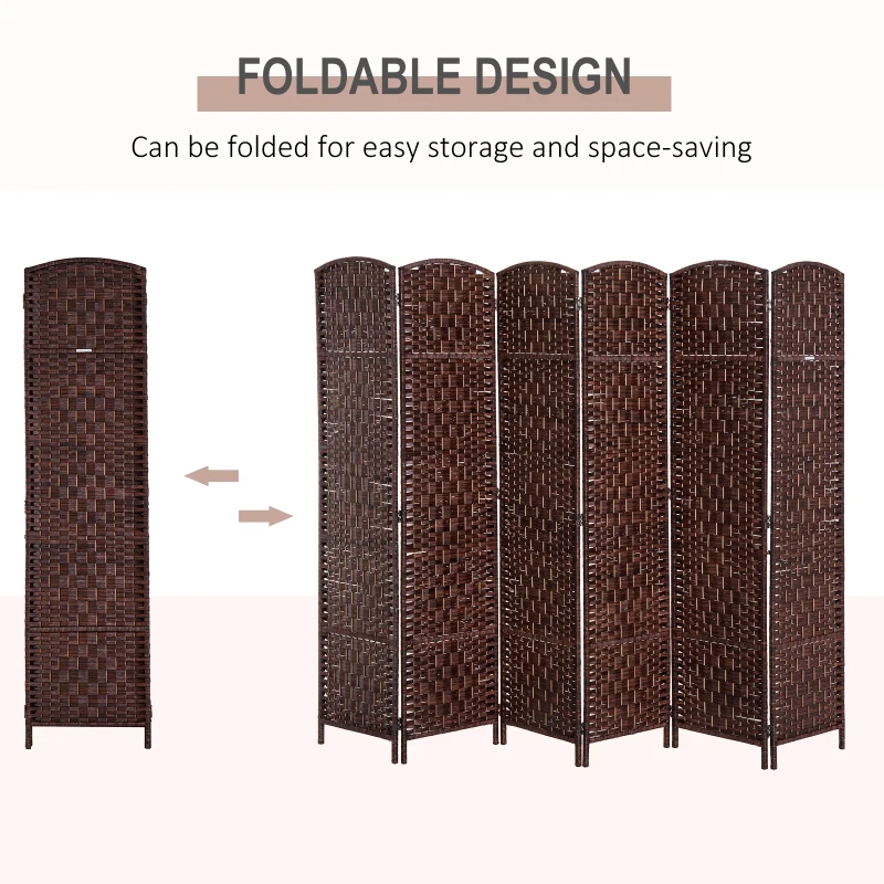 HOMCOM Room Divider, 6 Panel Folding Privacy Screen, 6FT Tall Portable Wicker Weave Partition Wall Divider for Bedroom, Home Office, Brown