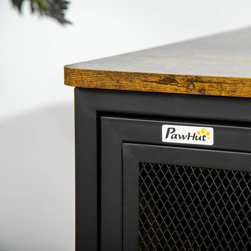 PawHut Wooden Cat Crate, Furniture Style Dog Cage, Puppy Kennel Indoor, End Table Pet House with Cushion and Sliding Doors, Rustic Brown