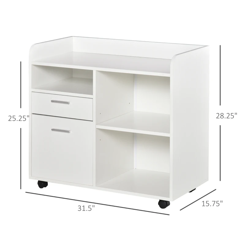 Vinsetto Filing Cabinet Printer Stand Mobile Lateral File Cabinet with 2 Drawers, 3 Open Storage Shelves for Home Office Organization, White