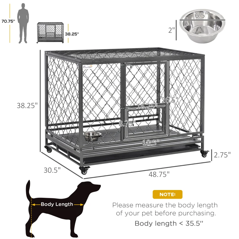 PawHut Heavy Duty Dog Crate, Metal Dog Cage Kennel with Lockable Wheels, Slide-Out Tray, Food Bowl and Double Doors, 49"