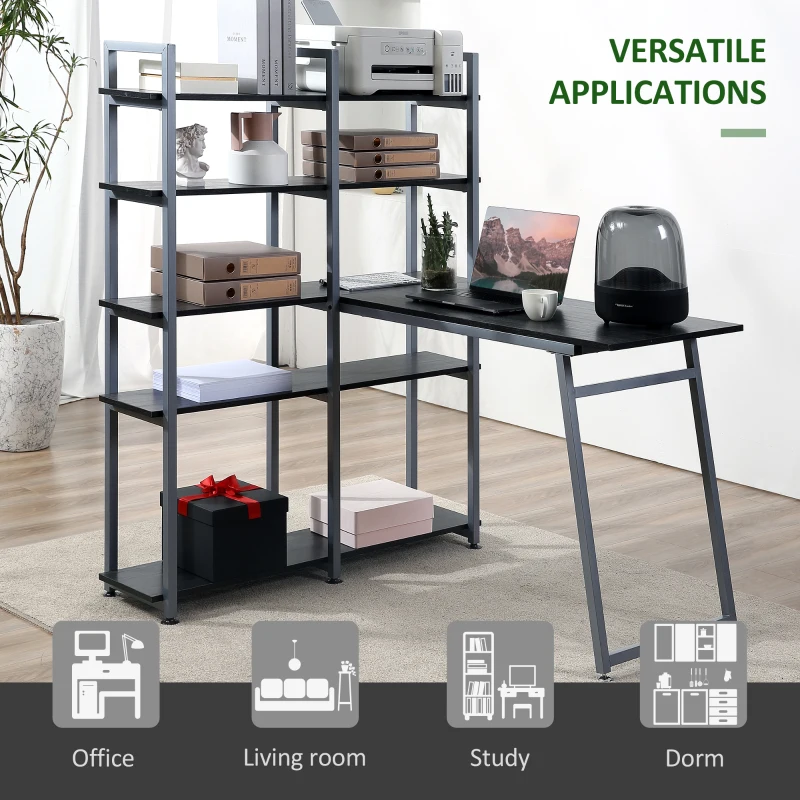 HOMCOM 5 Tier Versatile L-Shaped Computer Desk, Writing Table with Display Shelves and Metal Frame, Space-Saving for Study, Home Office, Black