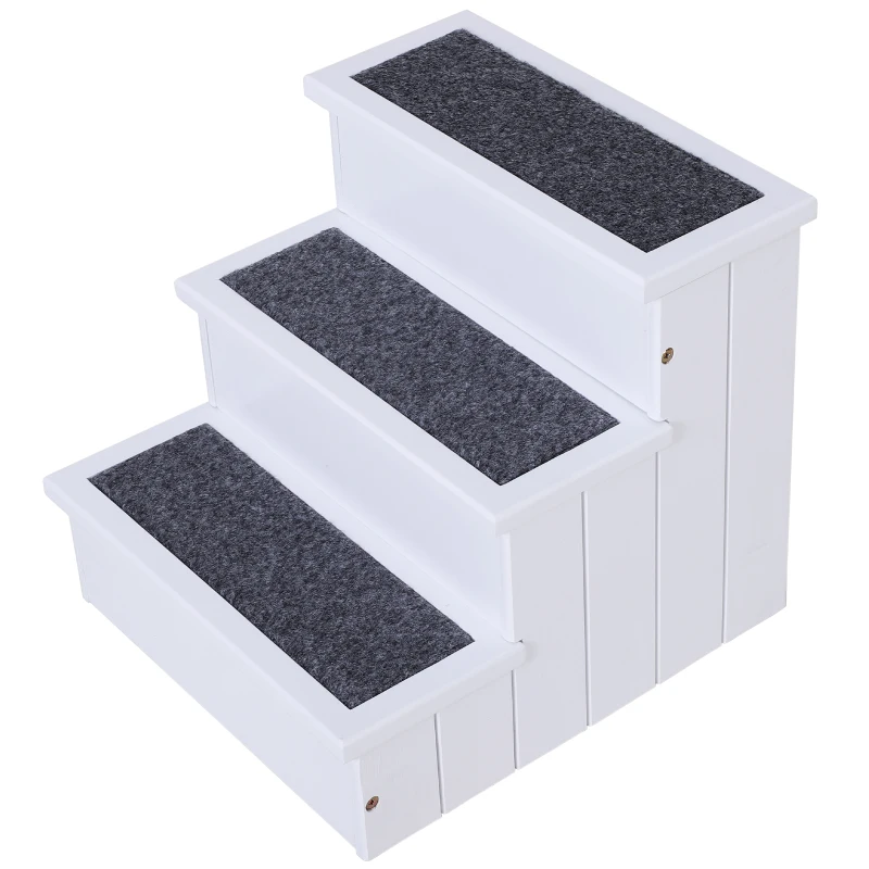 PawHut 3 Step Wooden Carpeted Non Slip Pet Stairs Ramp for Cats and Small Dogs - White