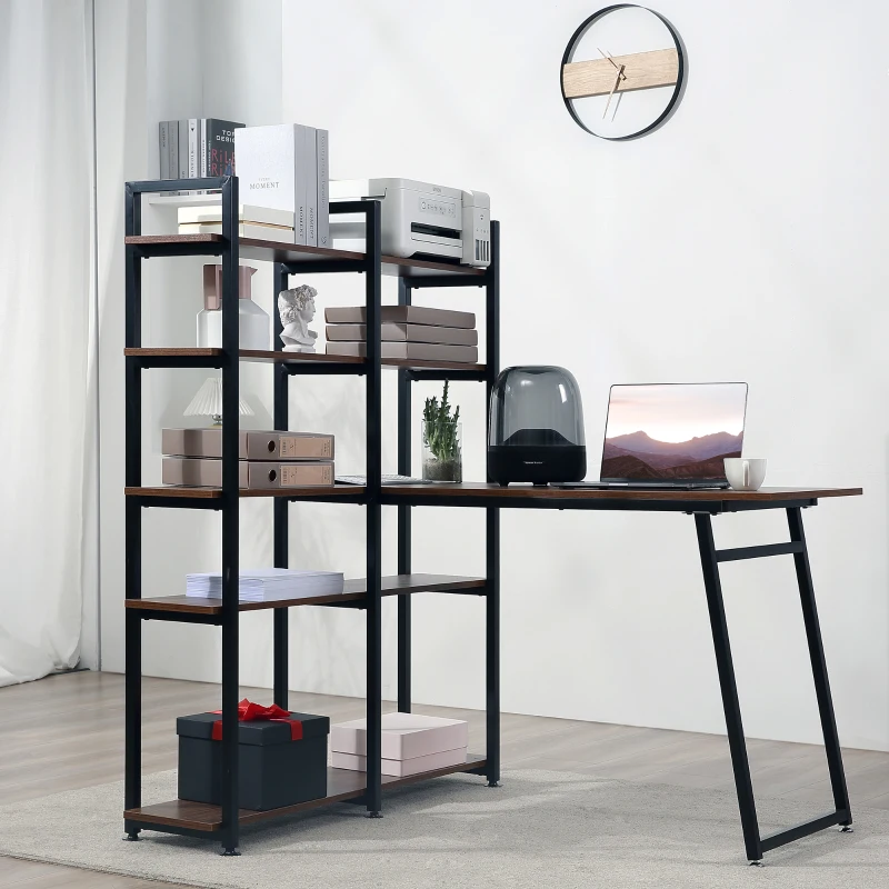 HOMCOM 5 Tier Versatile L-Shaped Computer Desk, Writing Table with Display Shelves and Metal Frame, Space-Saving for Study, Home Office, Walnut