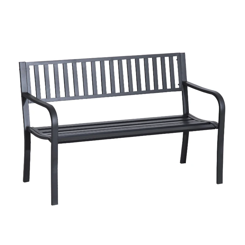 Outsunny 50" Outdoor Garden Bench, Patio Bench with Slatted Seat, Metal Porch Bench for Backyard, Poolside, Lawn, Black