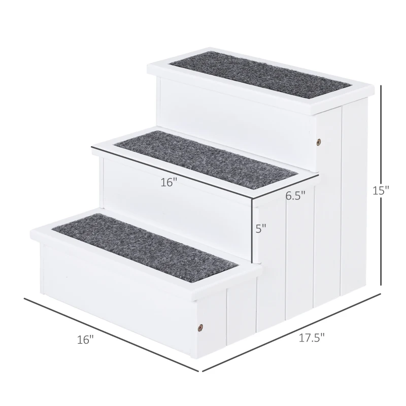 PawHut 3 Step Wooden Carpeted Non Slip Pet Stairs Ramp for Cats and Small Dogs - White