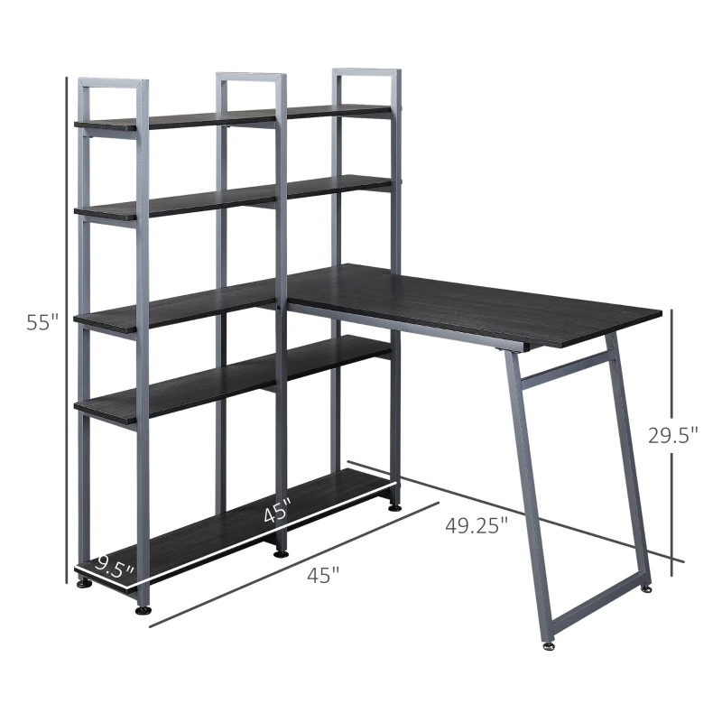 HOMCOM 5 Tier Versatile L-Shaped Computer Desk, Writing Table with Display Shelves and Metal Frame, Space-Saving for Study, Home Office, Black