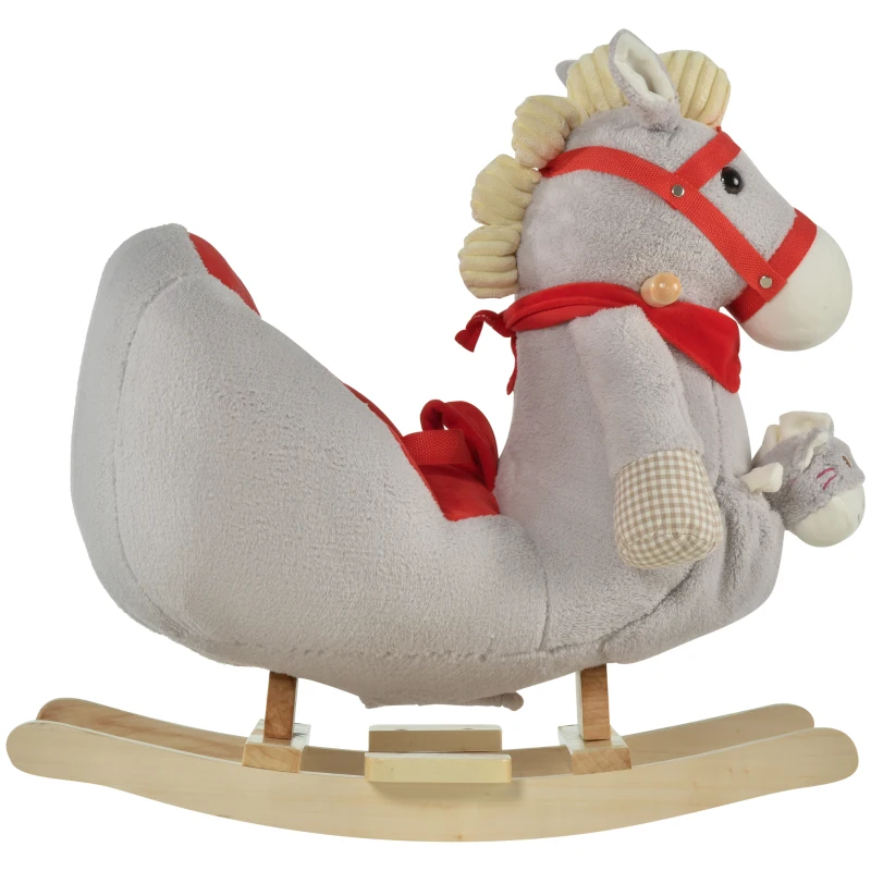 Qaba Kids Ride-On Rocking Horse Toy, Rocker with Lullaby Song, Hand Puppets & Soft Plush Fabric for Children 18-36 Months, Gray