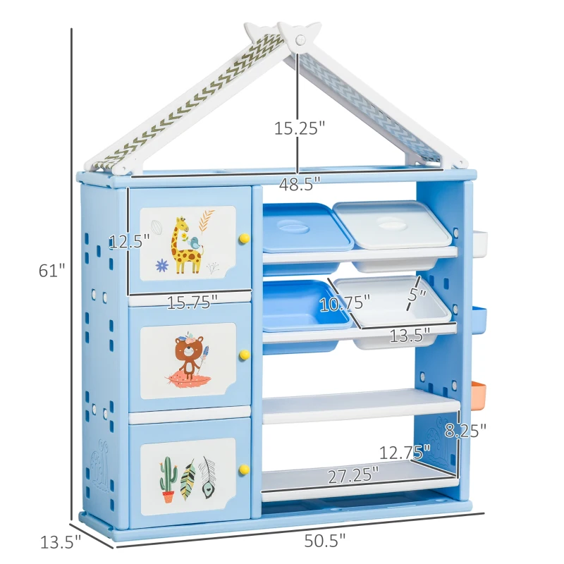 Qaba Kids Toy Storage Organizer with 4 Bins, Storage Cabinets, Bookshelf and 4-Layers Toy Collection Shelves, Blue