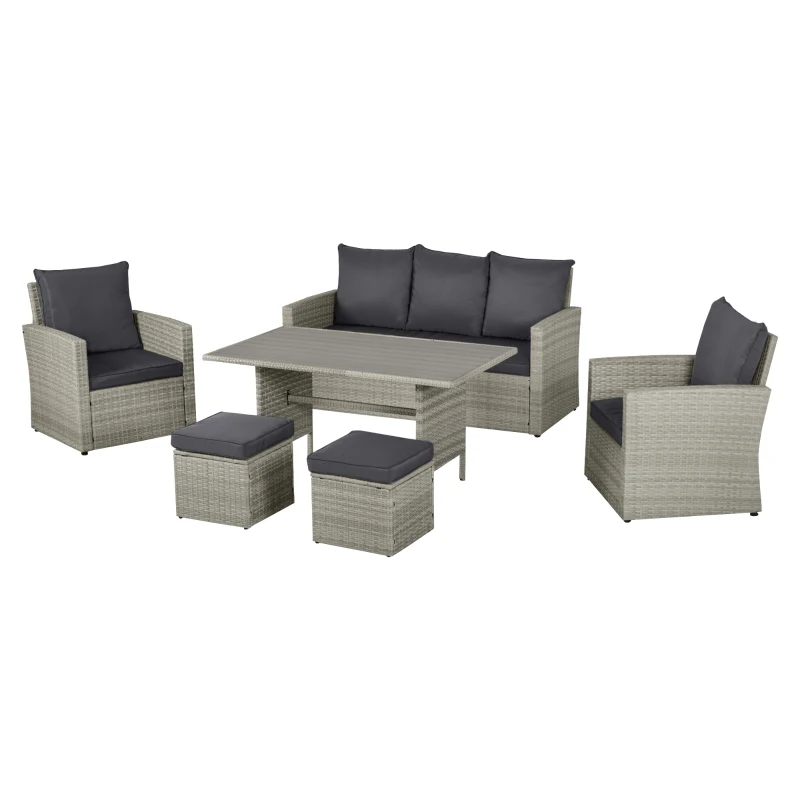 Outsunny Patio Dining Set, PE Rattan Furniture w/ 2 Chairs, Cushions & 3-Seat Sofa, Woodgrain Slatted Dinner Table, Mixed Gray
