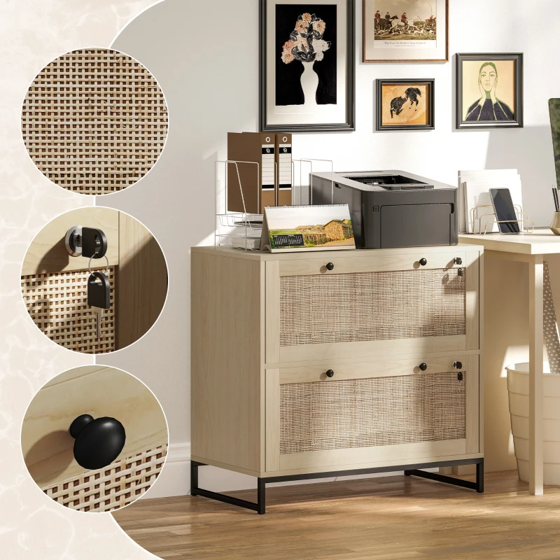 Vinsetto Lockable Filing Cabinet, Boho 2 Drawer File Cabinet with Adjustable Hanging Bar for Letter, A4 and Legal Size, Natural