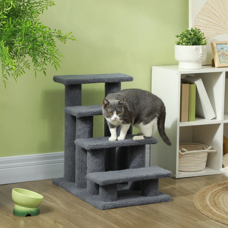 PawHut 25" 4-Step Multi-Level Carpeted Cat Scratching Post Pet Stairs, Gray