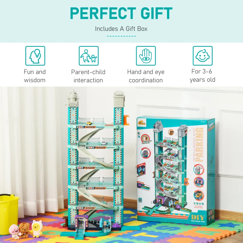 Qaba City Garage Playset with 98 Pieces Accessories Set, 6-Level Car Parking Playsets Toy with Manual and Electric Elevators Wash, Gas, Ejector & Car Repair Station, Gifts for Kids Ages 3-6 Years Old