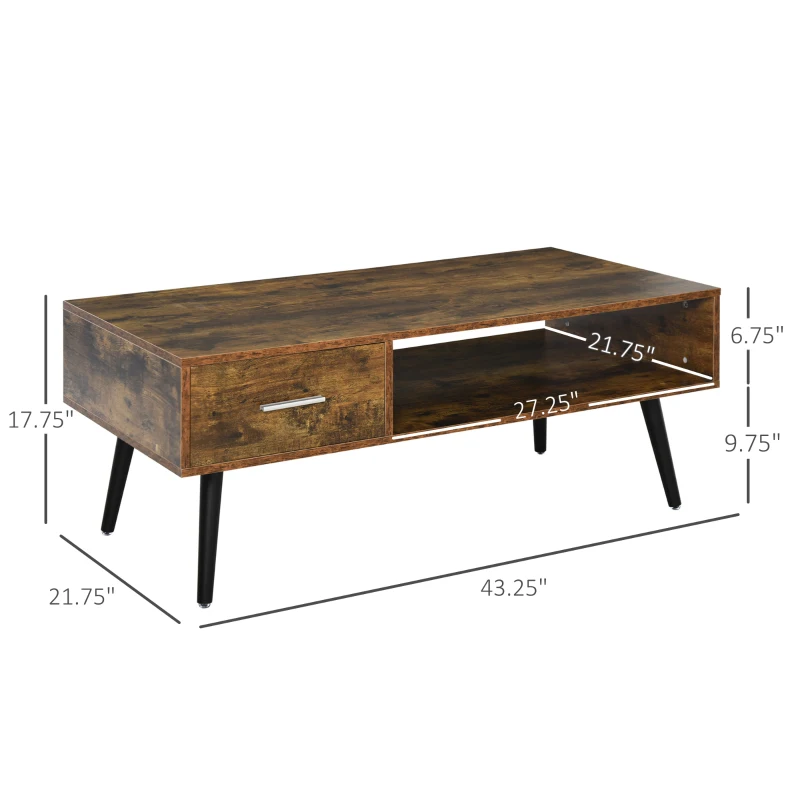 HOMCOM 43" Mid-Century Modern Coffee Table with Drawer and Shelf, Cocktail Center Table for Living Room, Rustic Brown