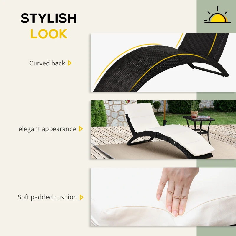 Outsunny Patio Foldable Wicker Chaise Lounge, PE Rattan Outdoor Lounge Chair, Bed with Cushion for Garden, Backyard, Lawn, Beige