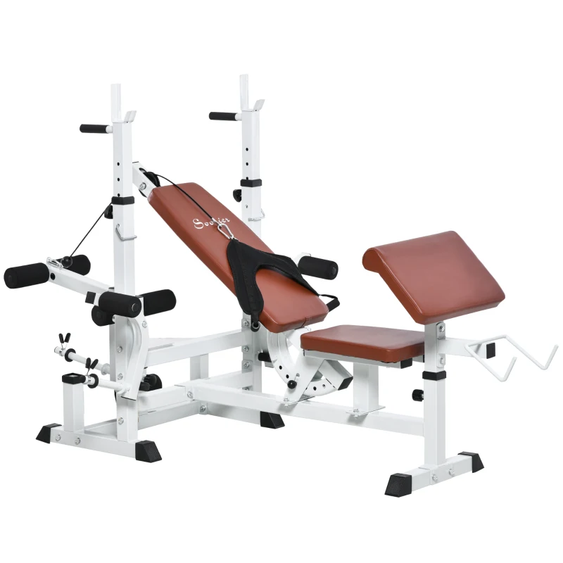 Soozier Multi-Exercise Full-Body Weight Rack with Bench Press, Leg Extension, Chest Fly Resistance Band & Preacher Curl