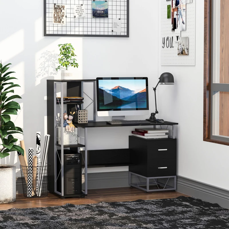 HOMCOM 52" Modern Computer Desk with Storage Shelves and Drawers, Home Office Desk, Study Workstation with CPU Stand, Black