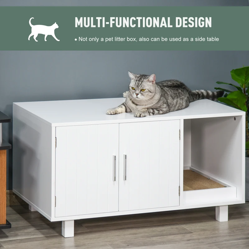 PawHut Wooden Cat Litter Box Enclosure & House, Kitty Hidden Washroom, with End Table Design, Scratcher, & Magnetic Doors, White