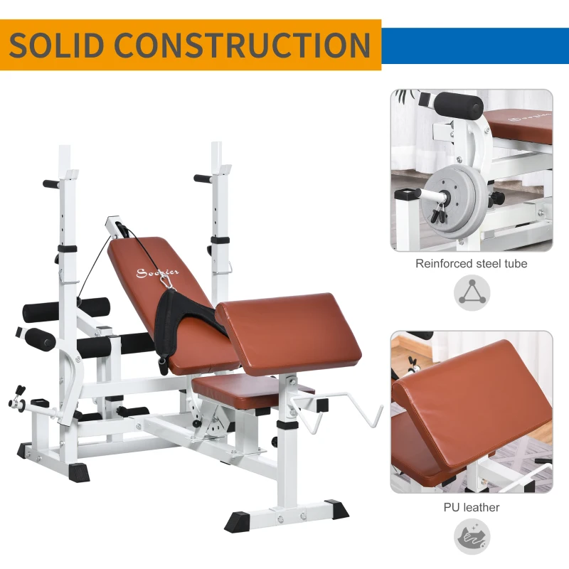 Soozier Multi-Exercise Full-Body Weight Rack with Bench Press, Leg Extension, Chest Fly Resistance Band & Preacher Curl