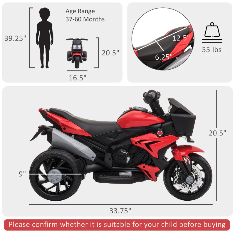 Aosom 6V Kids Motorcycle Toddler Ride-on Toy, High-Traction Battery-Operated Mini Electric Motorbike with Forward/Reverse Switch, Music, Headlights, Horn, Red