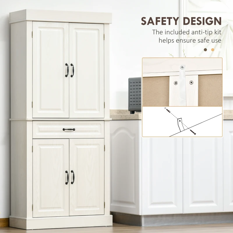 HOMCOM 71" Freestanding Kitchen Pantry Cabinet, Tall Storage Cabinet with 4 Doors and Drawer for Dining Room, White