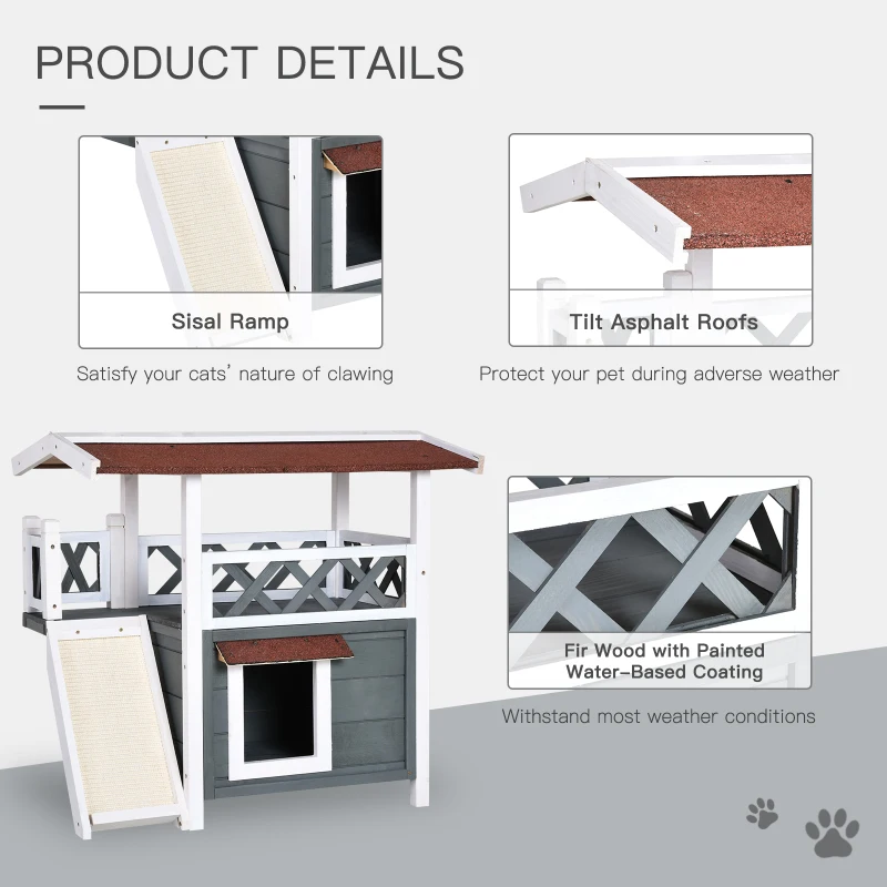 PawHut Wooden Cat House Outdoor with Sisal Ramp, 2-Story Feral Cat Shelter with Balcony, Asphalt Roof, Spacious Condo, Gray