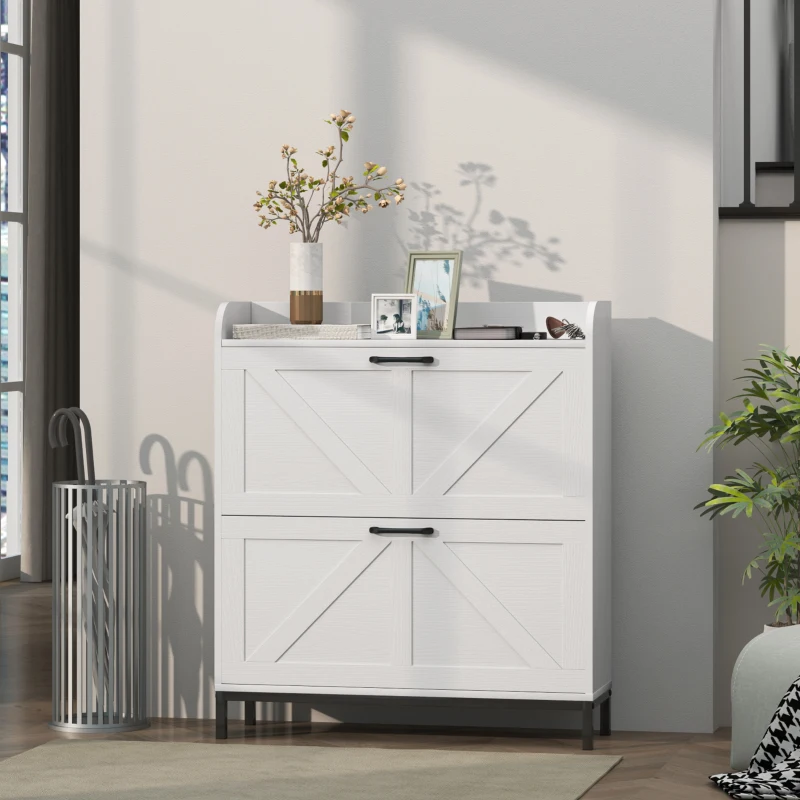 HOMCOM Shoe Cabinet Organizer with 2 Flip Drawers, Legs, Narrow Shoe Storage Cabinet for Entryway, Hallway, White