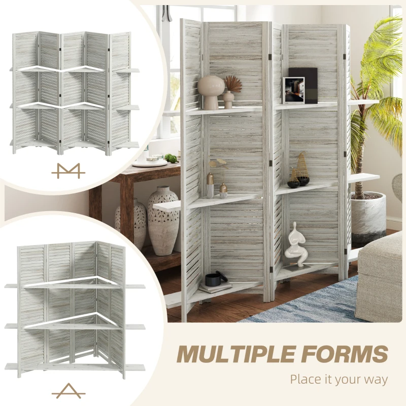 HOMCOM 5 Panel 67" Tall Wood Privacy Screen Room Divider with 3 Shelves and Folding Storage for Bedroom, Distressed White