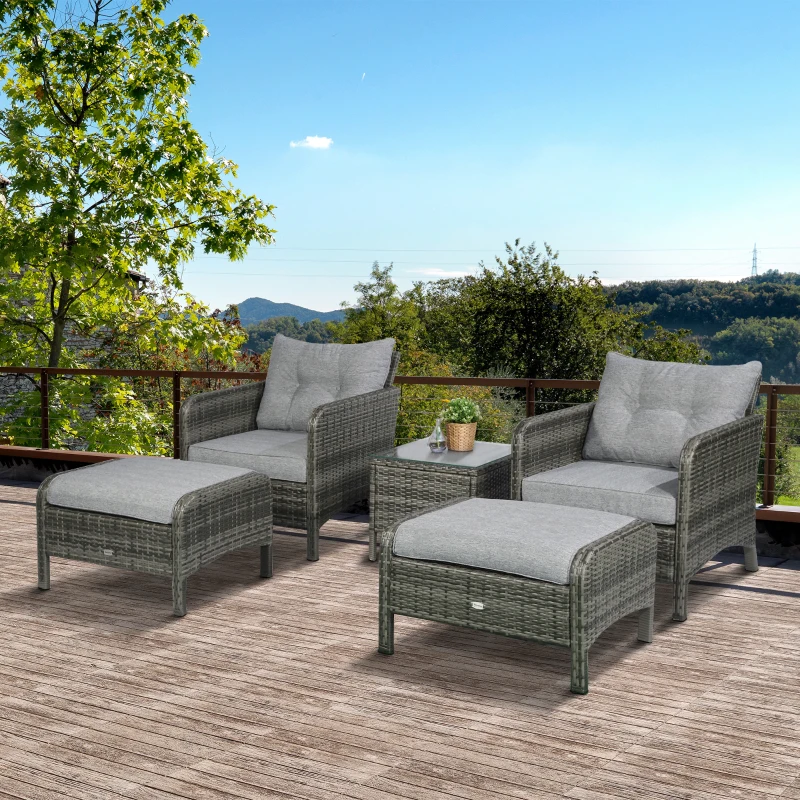 Outsunny 5 Pieces Rattan Wicker Lounge Chair Outdoor Patio Conversation Set with 2 Cushioned Chairs, 2 Ottomans and Tempered Glass Top Coffee Table, Gray/Light Gray