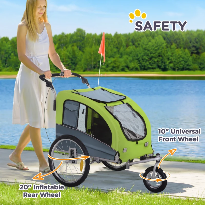 Aosom Dog Bike Trailer 2-In-1 Pet Stroller with Canopy and Storage Pockets, Green