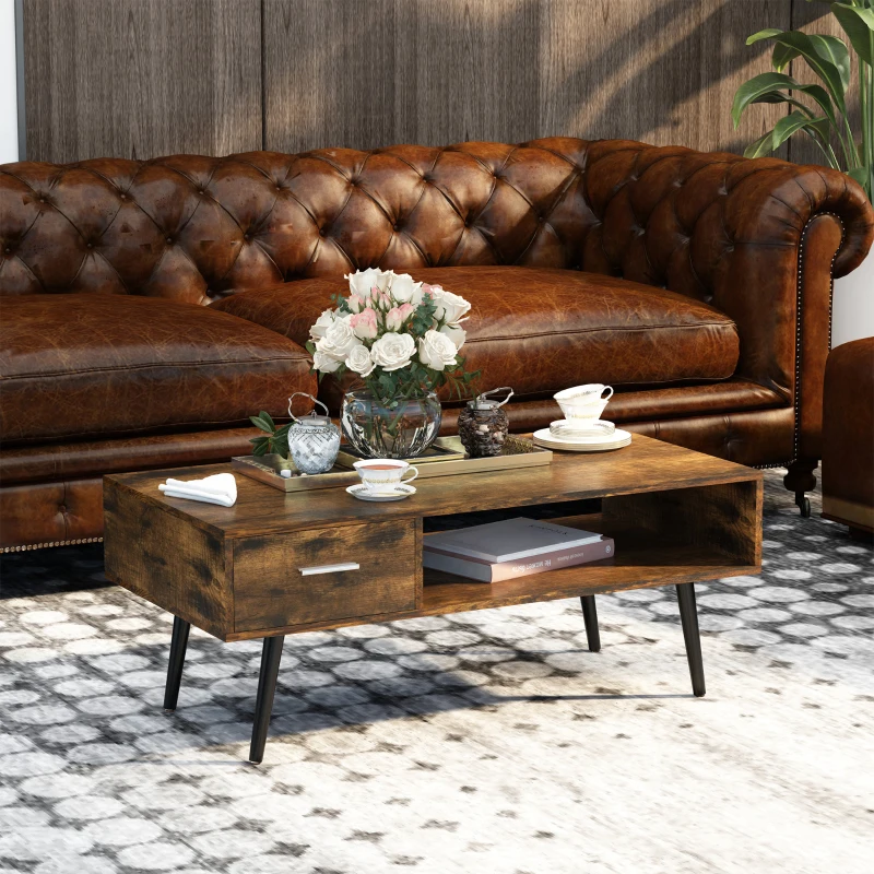 HOMCOM 43" Mid-Century Modern Coffee Table with Drawer and Shelf, Cocktail Center Table for Living Room, Rustic Brown