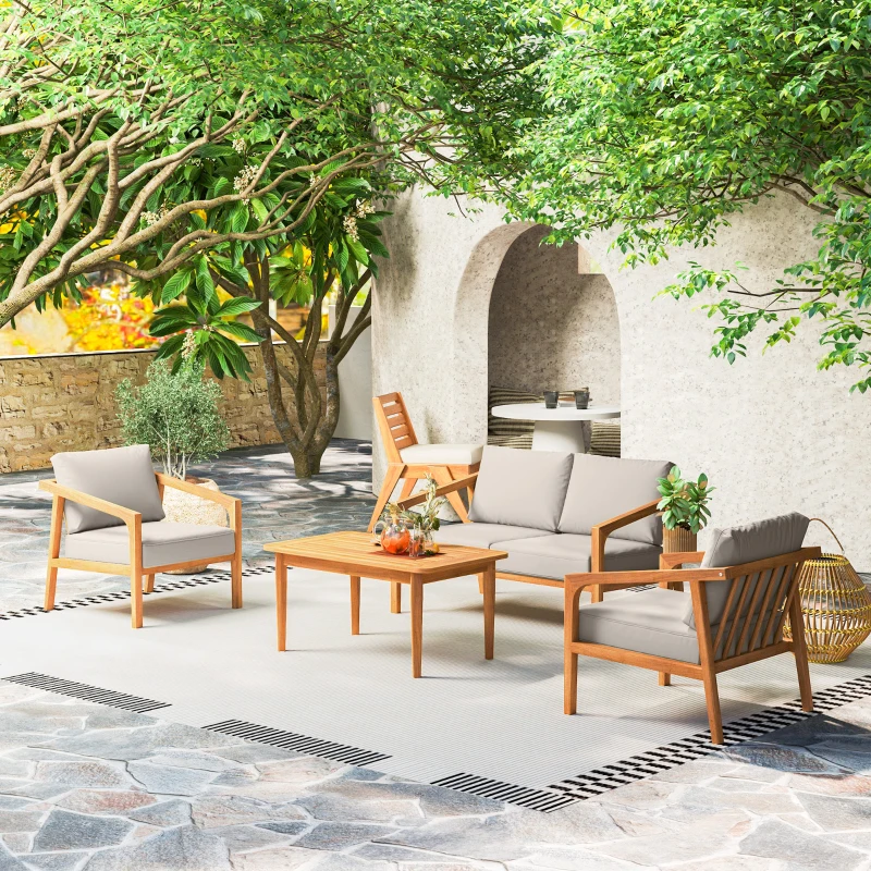 Outsunny 4 Pieces Acacia Wood Patio Furniture Set, Outdoor Sofa Conversation Set w/ Thickened Cushions for Backyard Garden, Teak