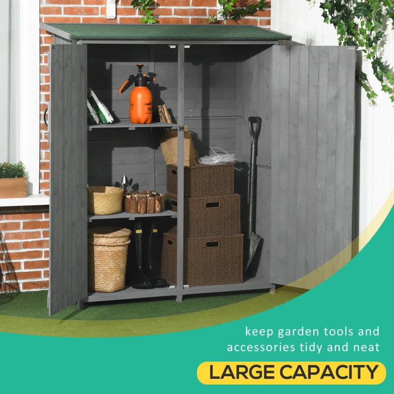 Outsunny Outdoor Storage Cabinet Wooden Garden Shed Utility Tool Organizer with Waterproof Asphalt Rood, Lockable Doors, 3 Tier Shelves for Lawn, Backyard, Gray