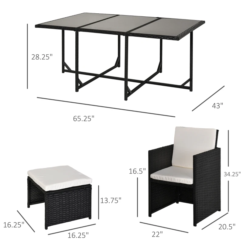 Outsunny 11 Pieces Outdoor Dining Set for 10, Space Saving Wicker Chairs and Glass Table with Cushions and Ottomans, Rattan Conversation Patio Furniture Set for Garden Backyard Deck, Cream White