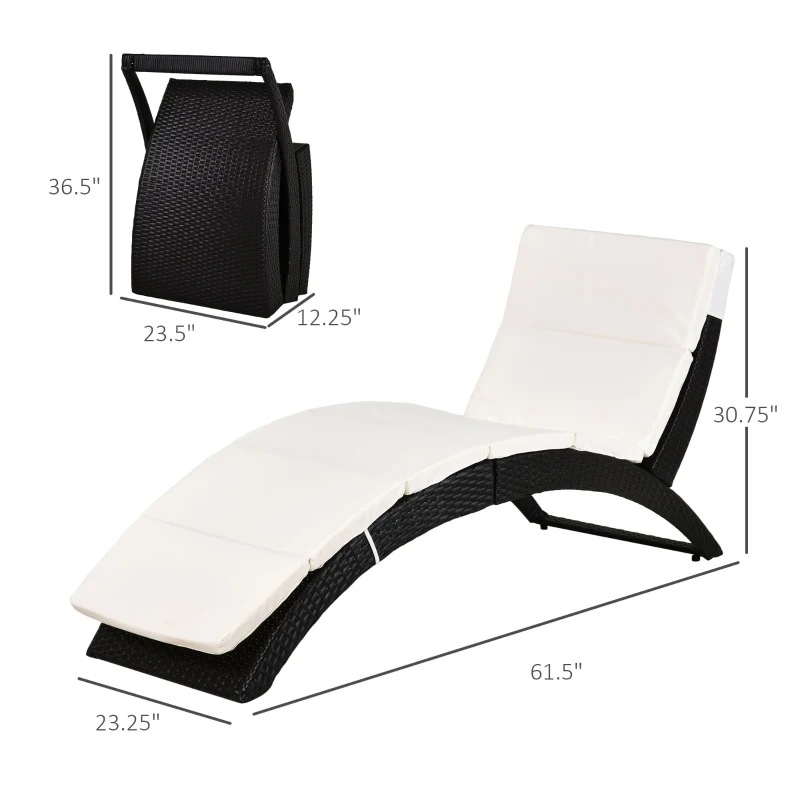 Outsunny Patio Foldable Wicker Chaise Lounge, PE Rattan Outdoor Lounge Chair, Bed with Cushion for Garden, Backyard, Lawn, Beige