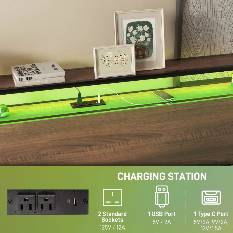 HOMCOM King Size Bed Frame with LED Lights and Charging Station, King Bed Frame with Storage Headboard, Noise-Free, Walnut