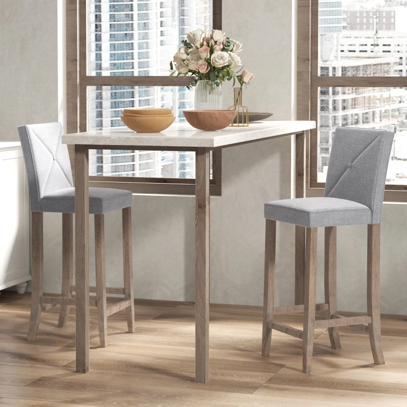HOMCOM Modern Bar Stools Set of 2, Upholstered Barstools Kitchen Island Chair with Build-In Footrest, Solid Wood Legs, Gray