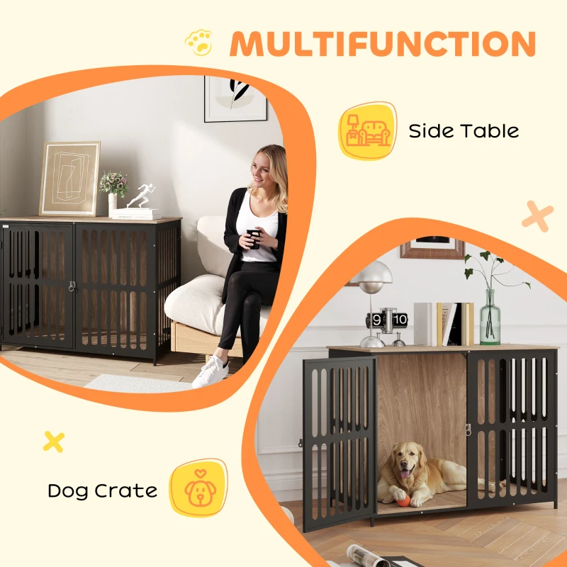 PawHut 39" Dog Crate Furniture w/ Anti-Chew Resistant Mesh, Anti-Escape Single Door, for Large Dogs, Walnut Brown