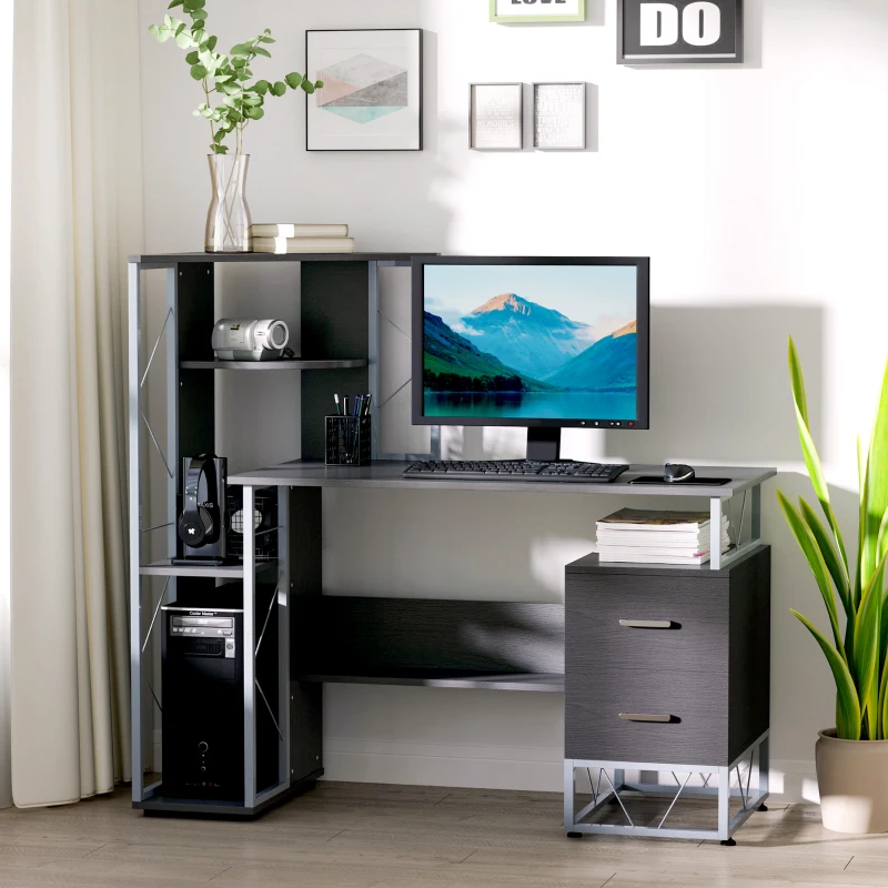 HOMCOM 52" Modern Computer Desk with Storage Shelves and Drawers, Home Office Desk, Study Workstation with CPU Stand, Black