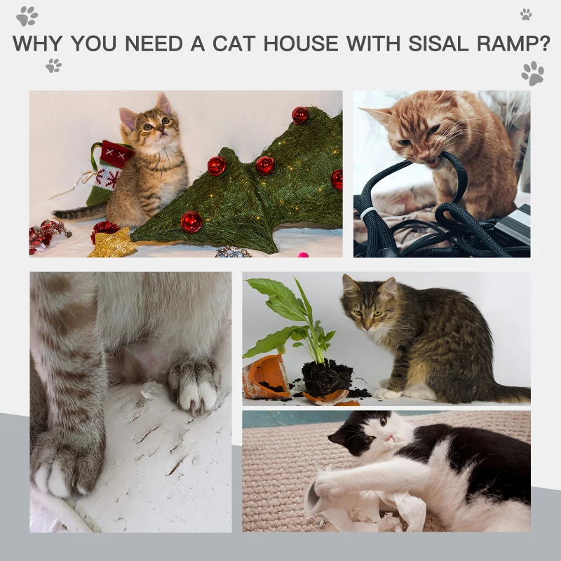 PawHut Wooden Cat House Outdoor with Sisal Ramp, 2-Story Feral Cat Shelter with Balcony, Asphalt Roof, Spacious Condo, Gray